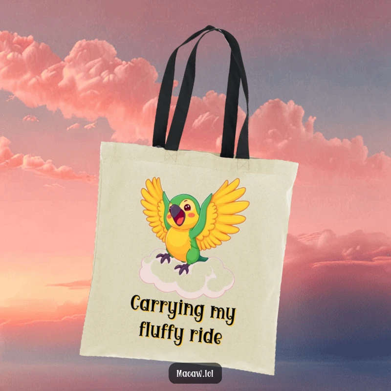 Funny Macaw Tote Bag: A cheerful macaw flaps wings while riding a fluffy, bouncing cloud, perfect for daily use.