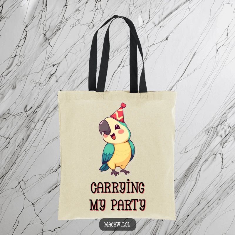 Funny tote bag with a festive macaw wearing a tiny hat, bobbing its head joyfully, a humorous and celebratory bird illustration, ideal for a funny gift.