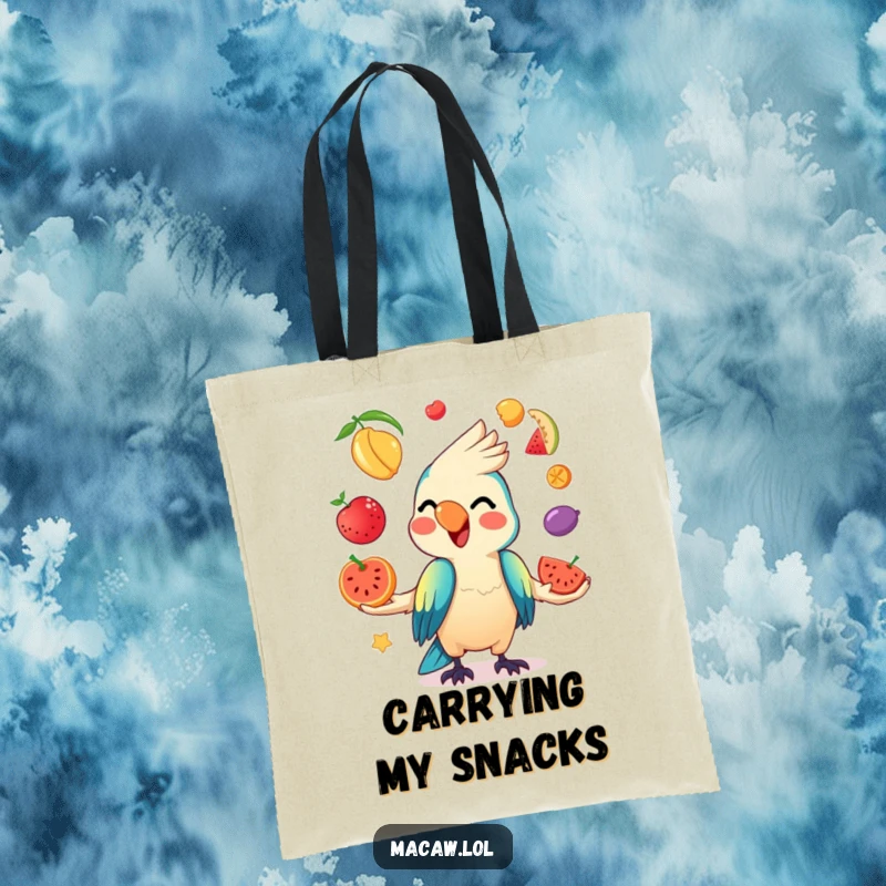 Funny Kawaii Macaw Tote Bag featuring a mischievous macaw juggling colorful fruits with a cheeky grin.
