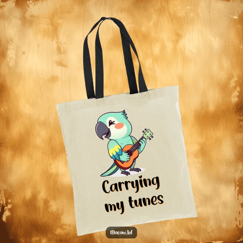 Funny macaw with a ukulele and a wink, illustrated on a durable tote bag, great for shopping.