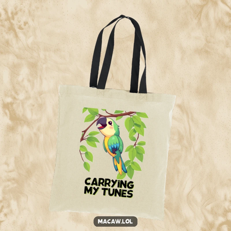 Funny macaw tote bag depicting a happy bird swinging on a vine and singing loudly, great for shopping.