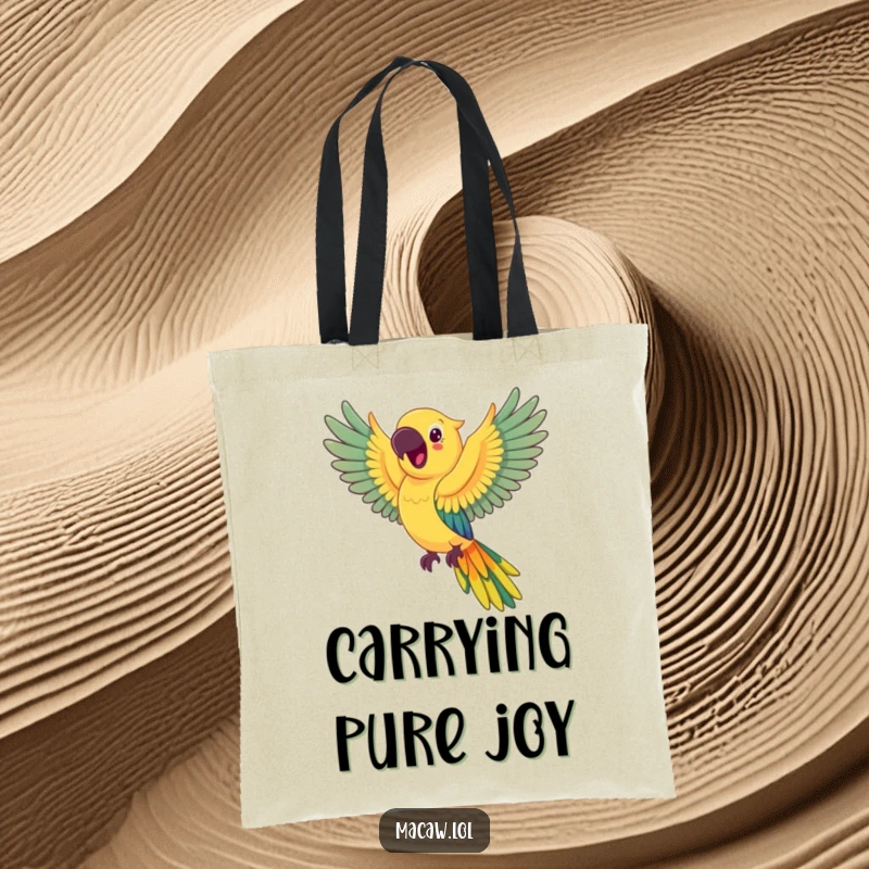 Funny happy macaw tote bag, a cheerful macaw in flight, its wings creating a vivid rainbow stream.