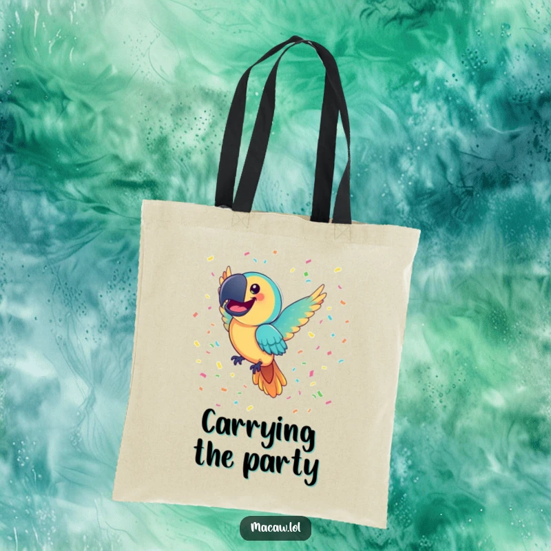 Funny Macaw Tote Bag: A joyful macaw bird with a comically large smile flies through colorful confetti, perfect for carrying party essentials.
