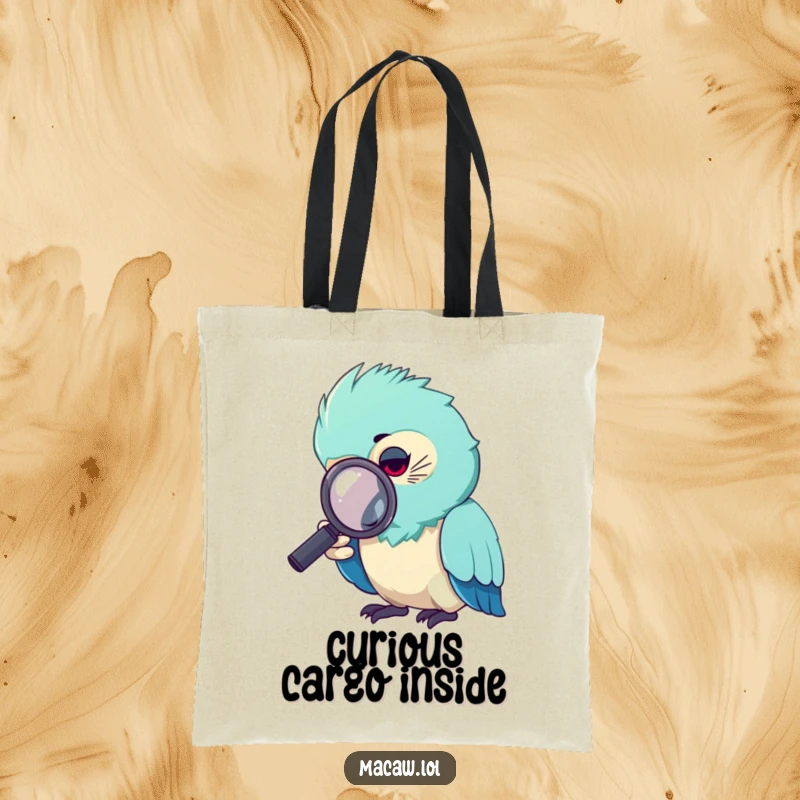 Funny macaw tote bag, a curious macaw bird using a magnifying glass to inspect a tiny object.