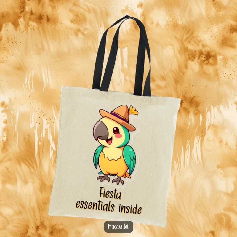 Funny Tote Bag with a cheerful macaw tipping a tiny sombrero with a flourish, ready for a fiesta or any fun event.