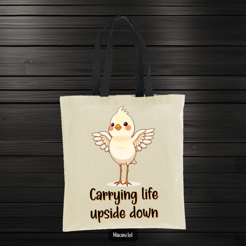 Funny bird in a proud headstand pose, wings helping it balance, a humorous and practical tote bag.