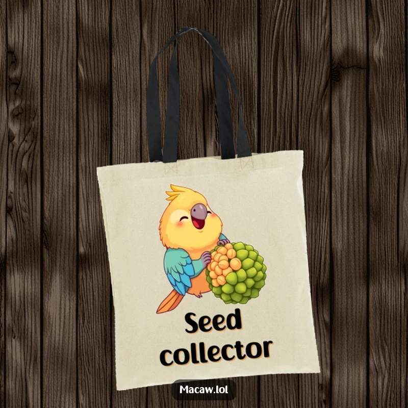 Funny Chubby Macaw Tote Bag: A cheerful, plump macaw happily munching on a giant seed, making it a funny and useful bag.