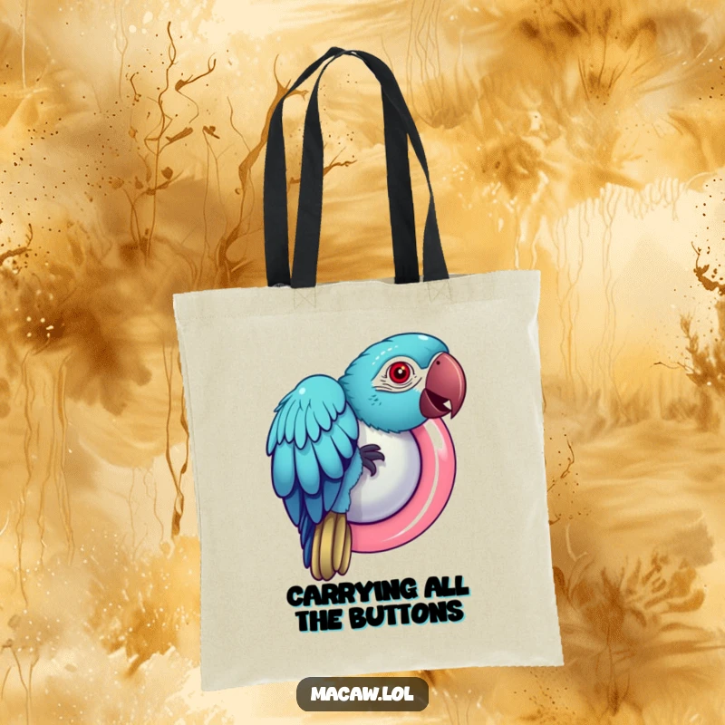 Funny Macaw Tote Bag: A whimsical tote featuring a macaw bird pecking at a shiny, giant button.