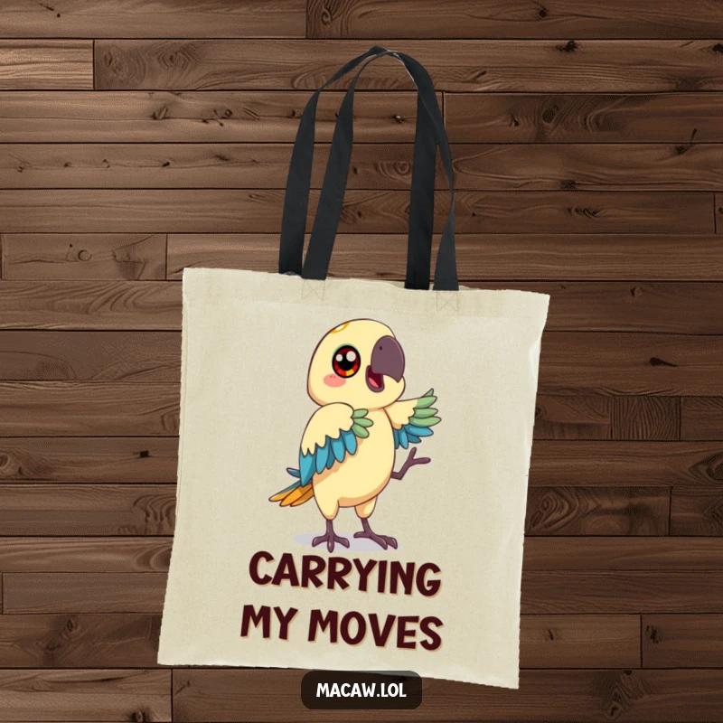 Funny macaw tote bag featuring a bird with big, happy eyes making a funny dance move, great for shopping.