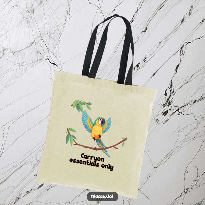 Funny macaw tote bag illustrating a bird performing a dramatic, acrobatic leap, perfect for carrying groceries with style.