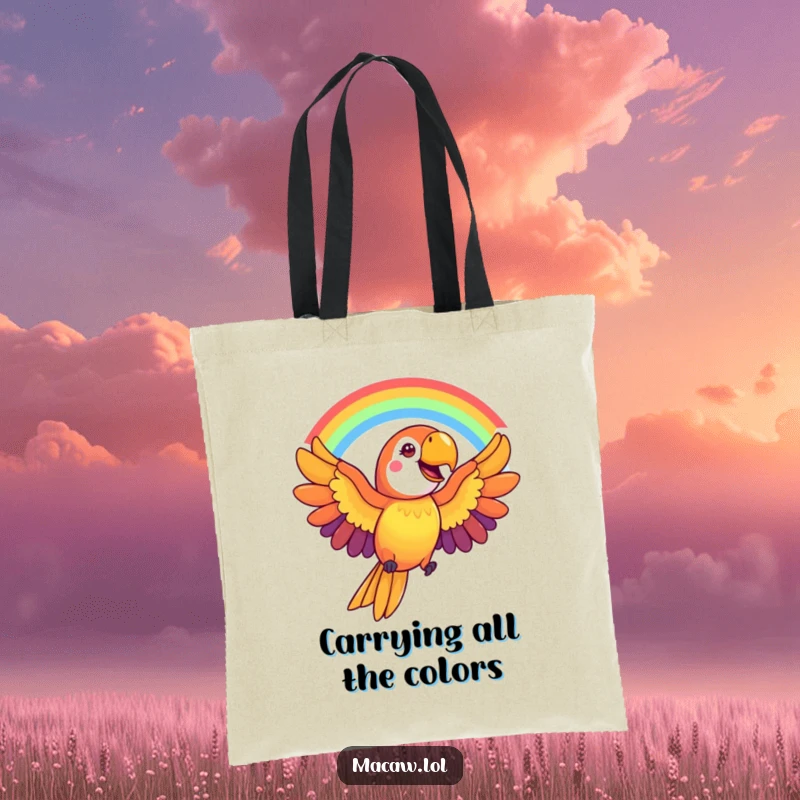 Funny Macaw Tote Bag: A cheerful macaw bird forms a rainbow arc with its outstretched wings, perfect for carrying essentials.