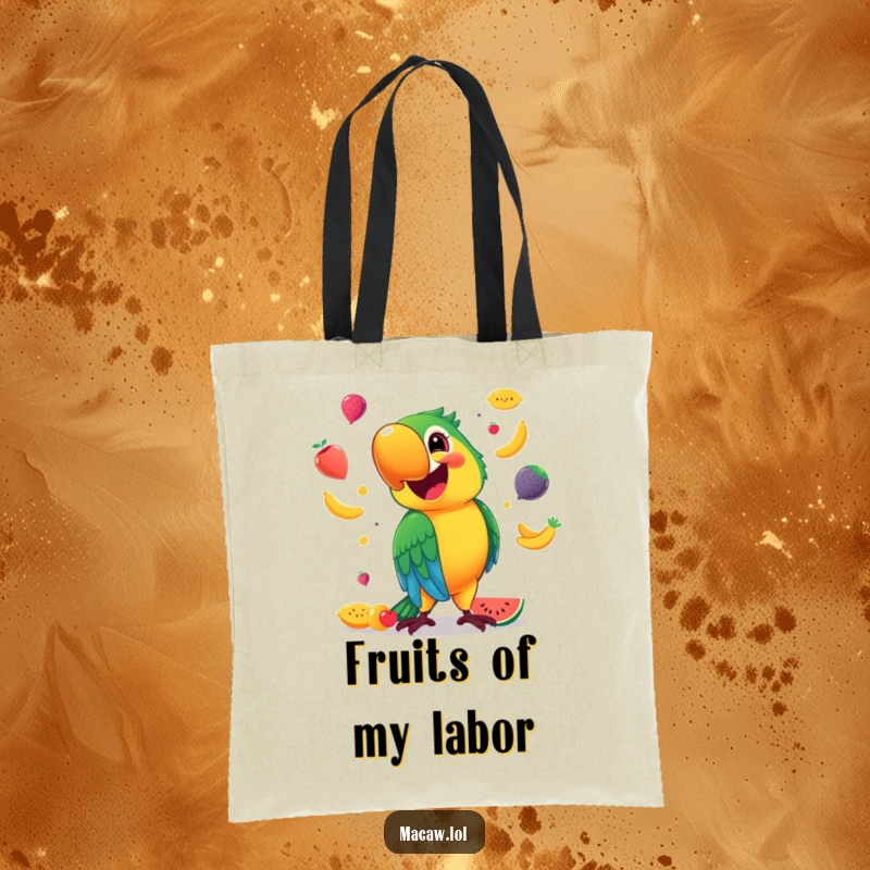 Funny Tote Bag with a beaming macaw juggling a rainbow of fruits, showcasing a joyful and energetic tropical vibe.