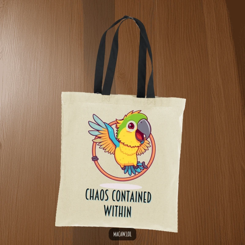 Funny Ruffled Macaw Hoop Tote Bag: A bird with ruffled feathers humorously attempting to fly through a hoop.