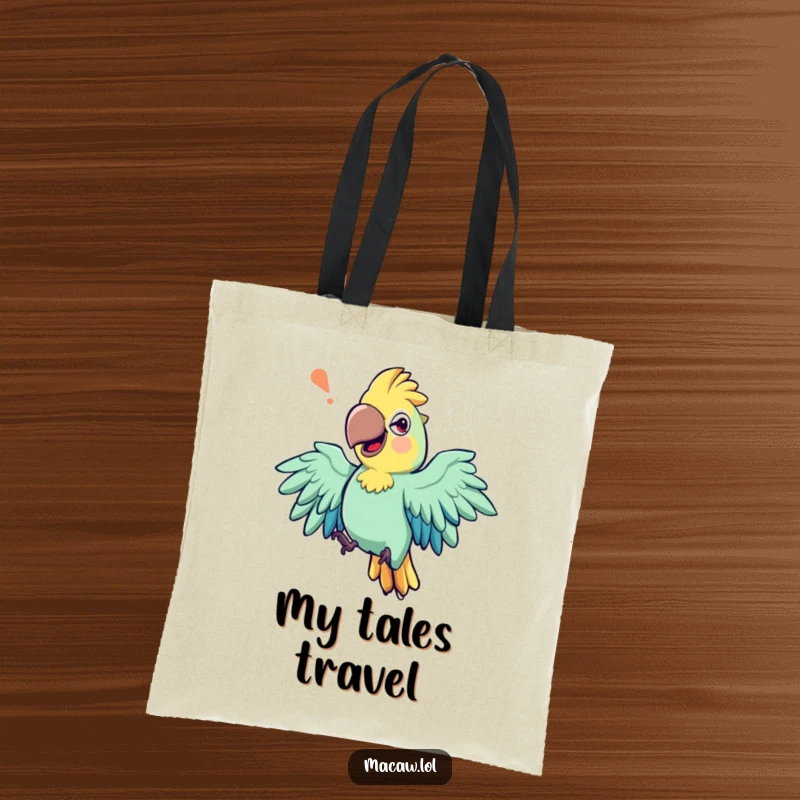 Funny tote bag showcasing an expressive macaw bird with exaggerated wing movements, mid-storytelling, ready to share.