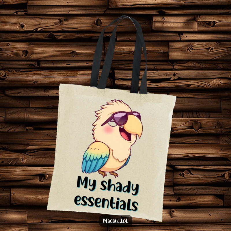 Funny tote bag depicting a cheerful macaw bird squawking happily while wearing stylish sunglasses, perfect for carrying items with flair.