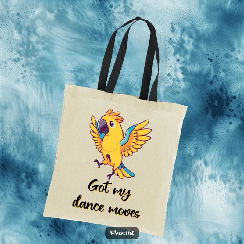 Funny macaw bird tote bag, stylized bird dancing energetically with fanned tail feathers, vibrant, practical, humorous accessory.