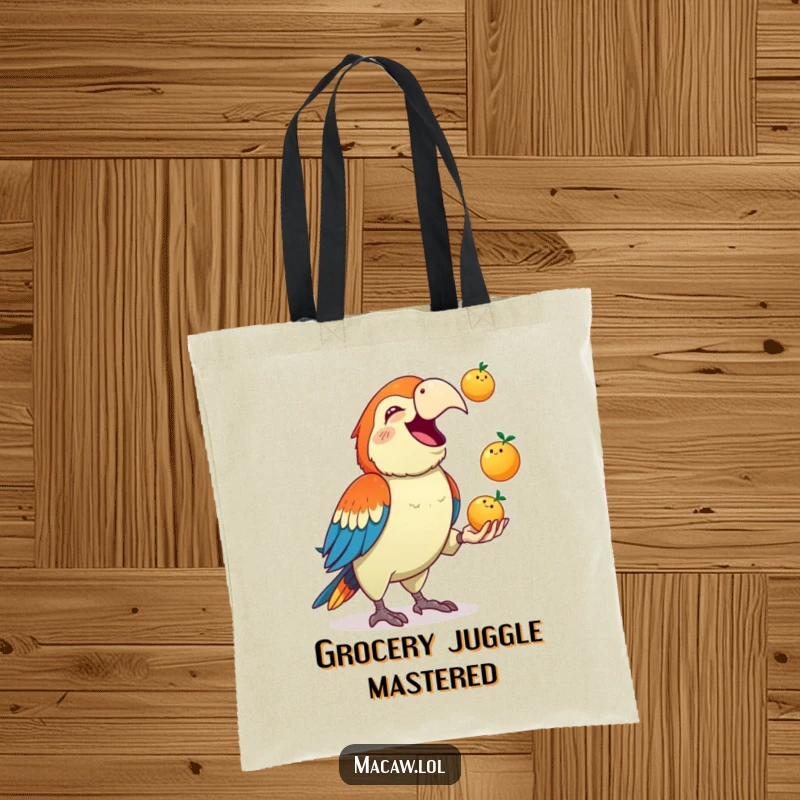 Funny Macaw Tote Bag: A cute macaw squawks gleefully while juggling three small fruits, a practical and humorous accessory.
