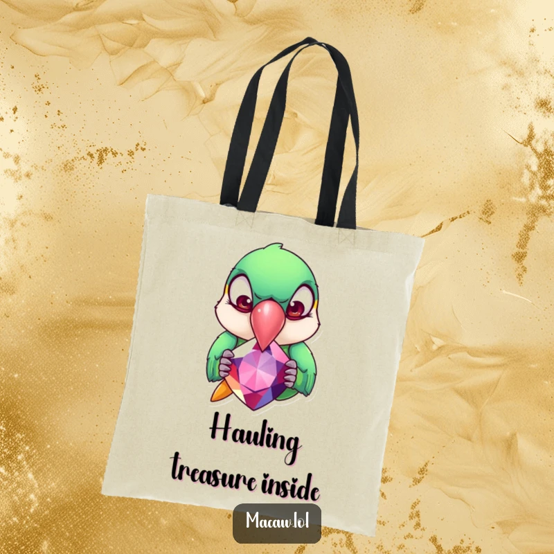 Funny Macaw Tote Bag: A macaw with exaggerated rolling eyes pecks at a giant gemstone, a practical and humorous accessory.