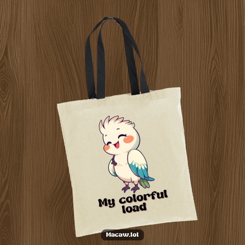 Funny Macaw Tote Bag showing a happy macaw preening its bright, colorful feathers with a pleased expression.