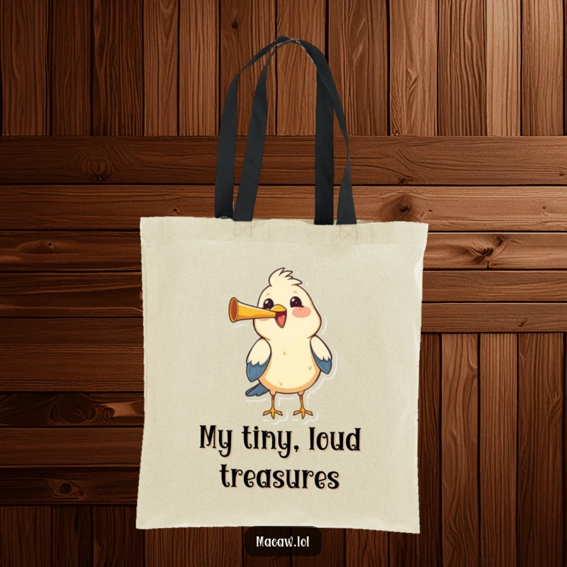Funny bird honking a tiny horn with great joy and gusto, a humorous and practical tote bag.