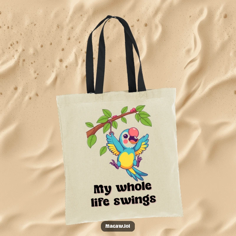 Funny macaw playfully swinging from a vine with excitement, on a tote bag, a playful and humorous accessory.