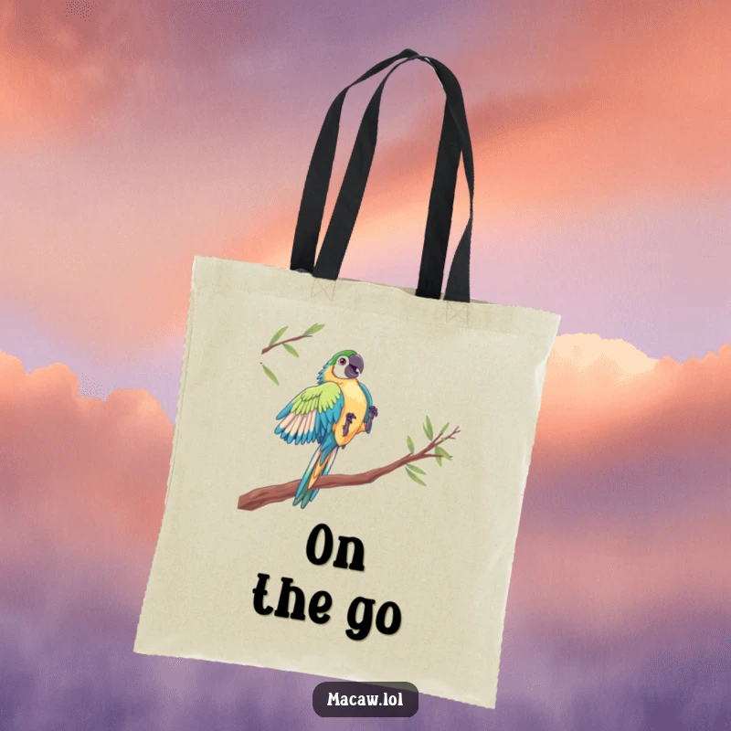 Funny Macaw Acrobat Tote Bag: A macaw performs a dramatic mid-air leap between perches, a humorous and functional accessory.