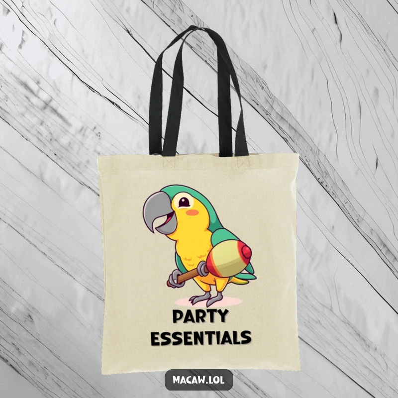 Funny Macaw Tote Bag: A vibrant tropical bird joyfully shakes a maraca, making this a functional and humorous accessory for any outing.